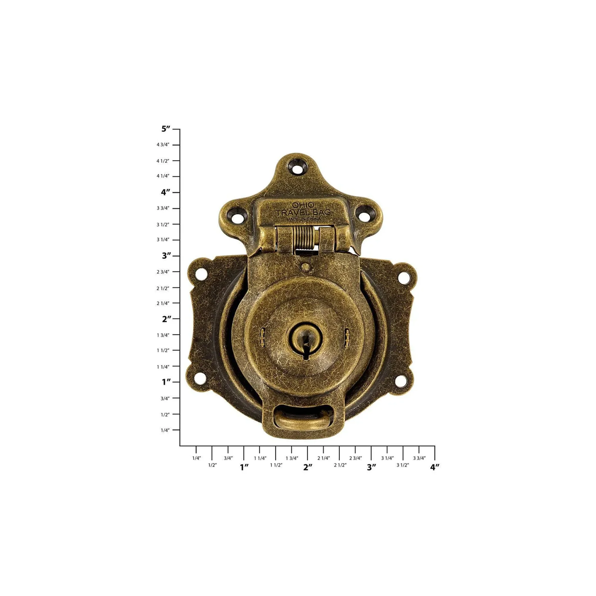 3 1/2" Antique Brass, Large Trunk Lock w/ Spring, Steel - Image 2